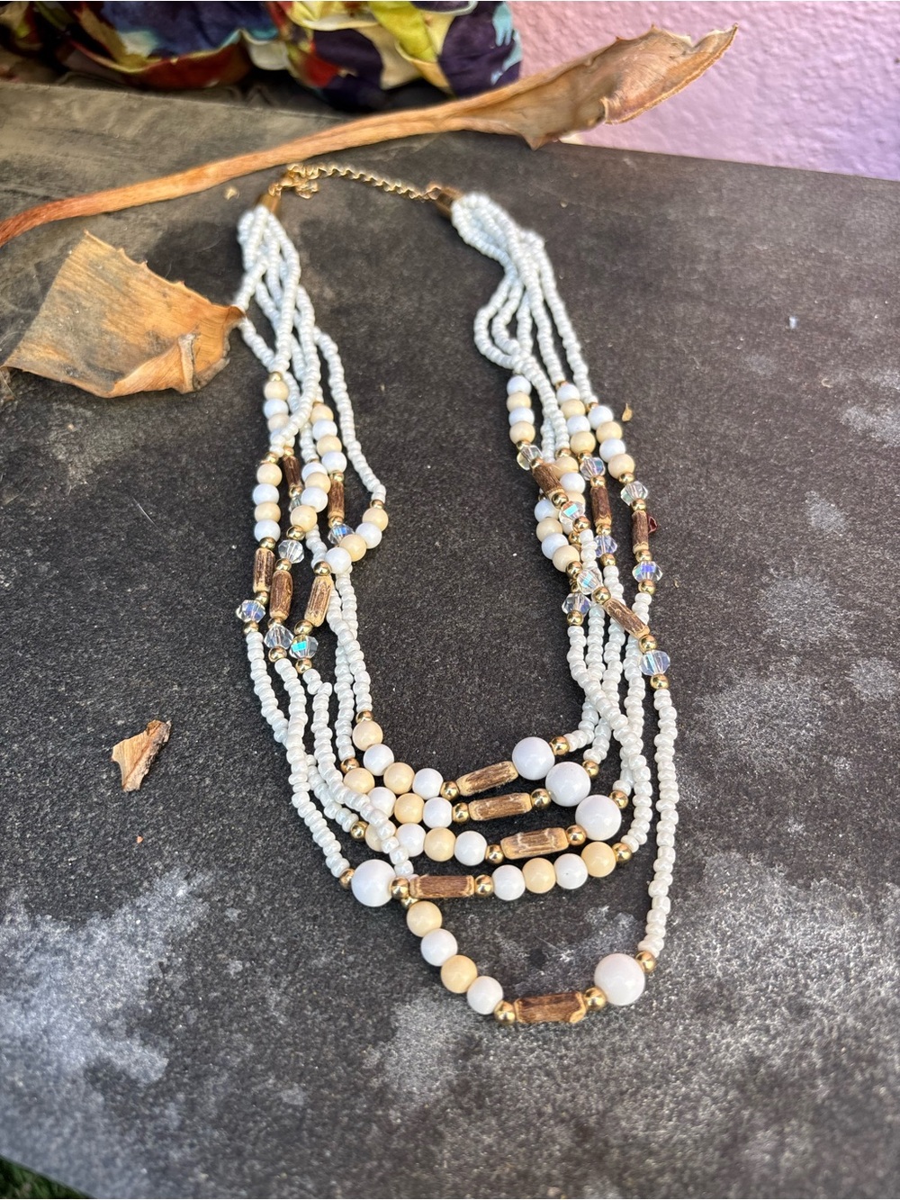 Multi-Strand White Beaded Necklace with Gold Accents